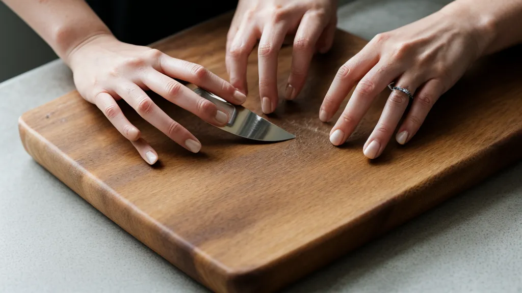 Manos cortando una cáscara de limón sobre tabla de madera, técnica base de decoración de tragos