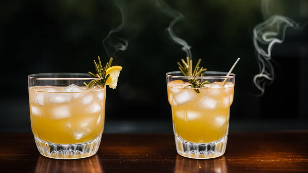 Cóctel con ramita de romero ahumada y hielo, técnica de decoración de tragos con humo aromático