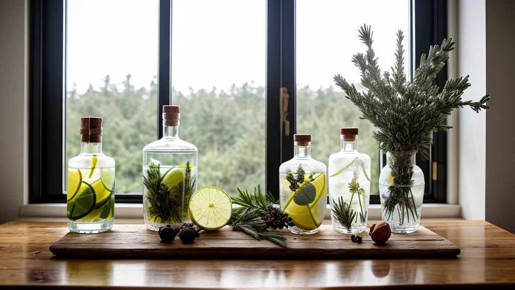 Cuaderno de coctelería de autor con manchas de café junto a botánicos frescos para gin tonic
