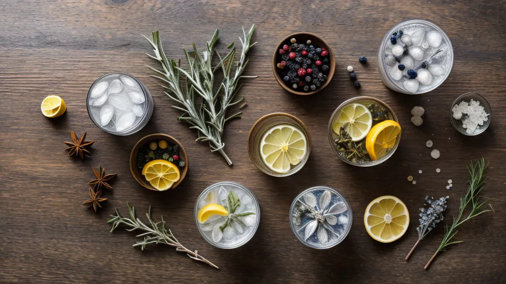 Gin tonic de autor con un solo botánico de romero ahumado en copa de cristal