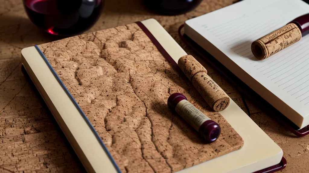 Corcho de vino y cuaderno de notas para reconocer defectos del vino en casa