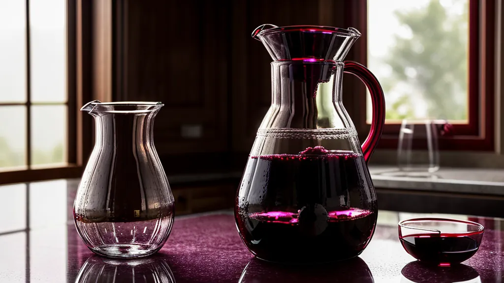 Jarra de vidrio con vino tinto reposando en la cocina, prueba casera para vino picado que no mejora