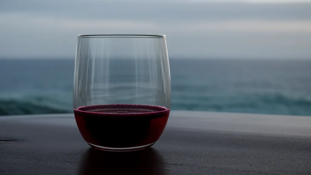 Vino tinto servido en un vaso de vidrio grueso sobre mesada de madera.