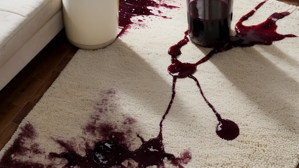 Mancha de vino tinto sobre una alfombra clara en un departamento.