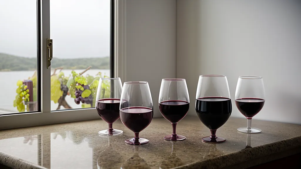 Tres tipos básicos de copas de vino alineadas sobre una mesada de madera.