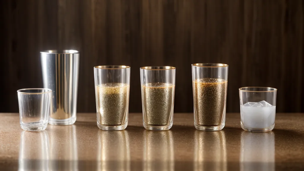 Medidor de bar y vasos pequeños para pruebas de sabor en una mesada de cocina.
